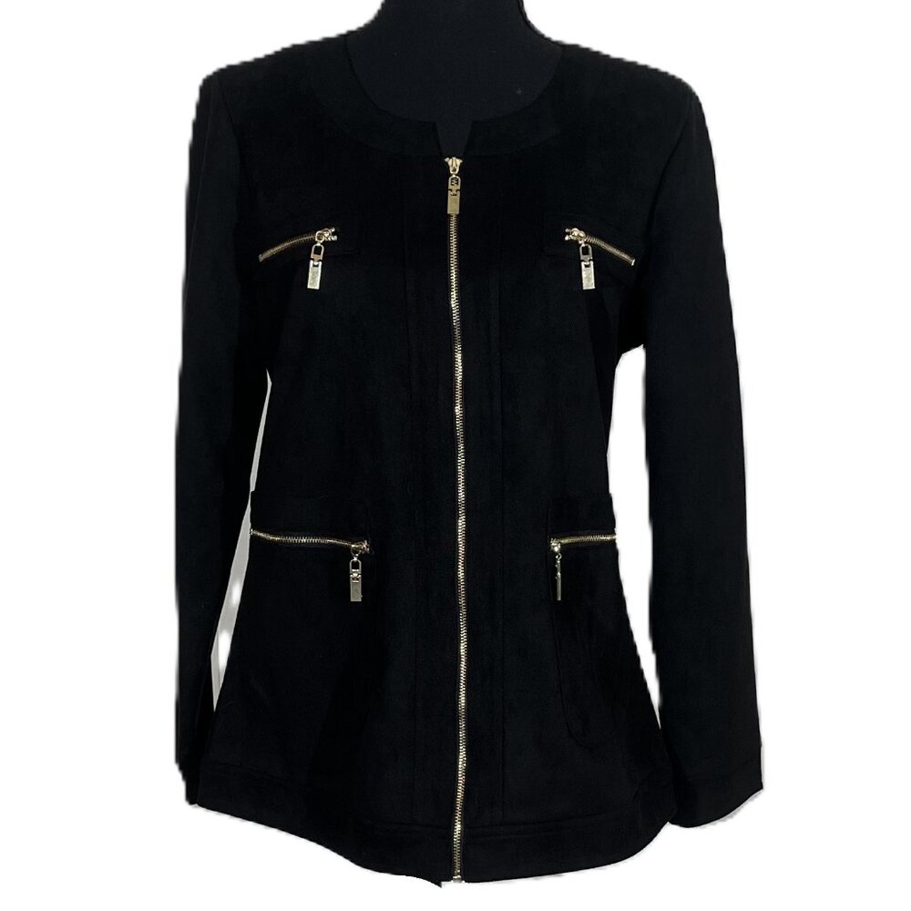 BLACK ULTRA SUEDE GOLD ZIP FRONT JACKET WITH GOLD ZIPPER ACCENTS